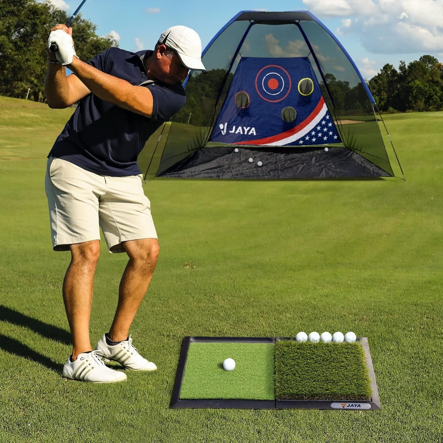 Golf Hitting Mat 28x28 Practice Turf Mat with Ball Tray Rubber Base