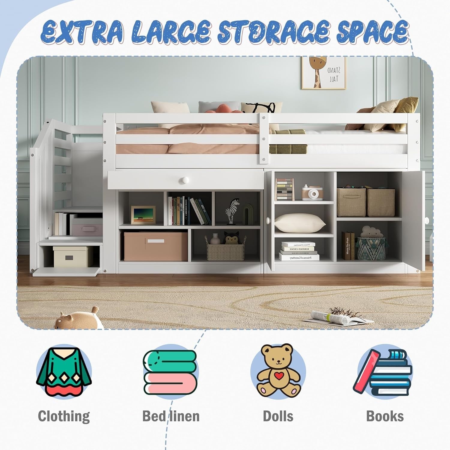 White Kids Cabin Bed with Storage Drawers, Desk & Steps 90x190cm