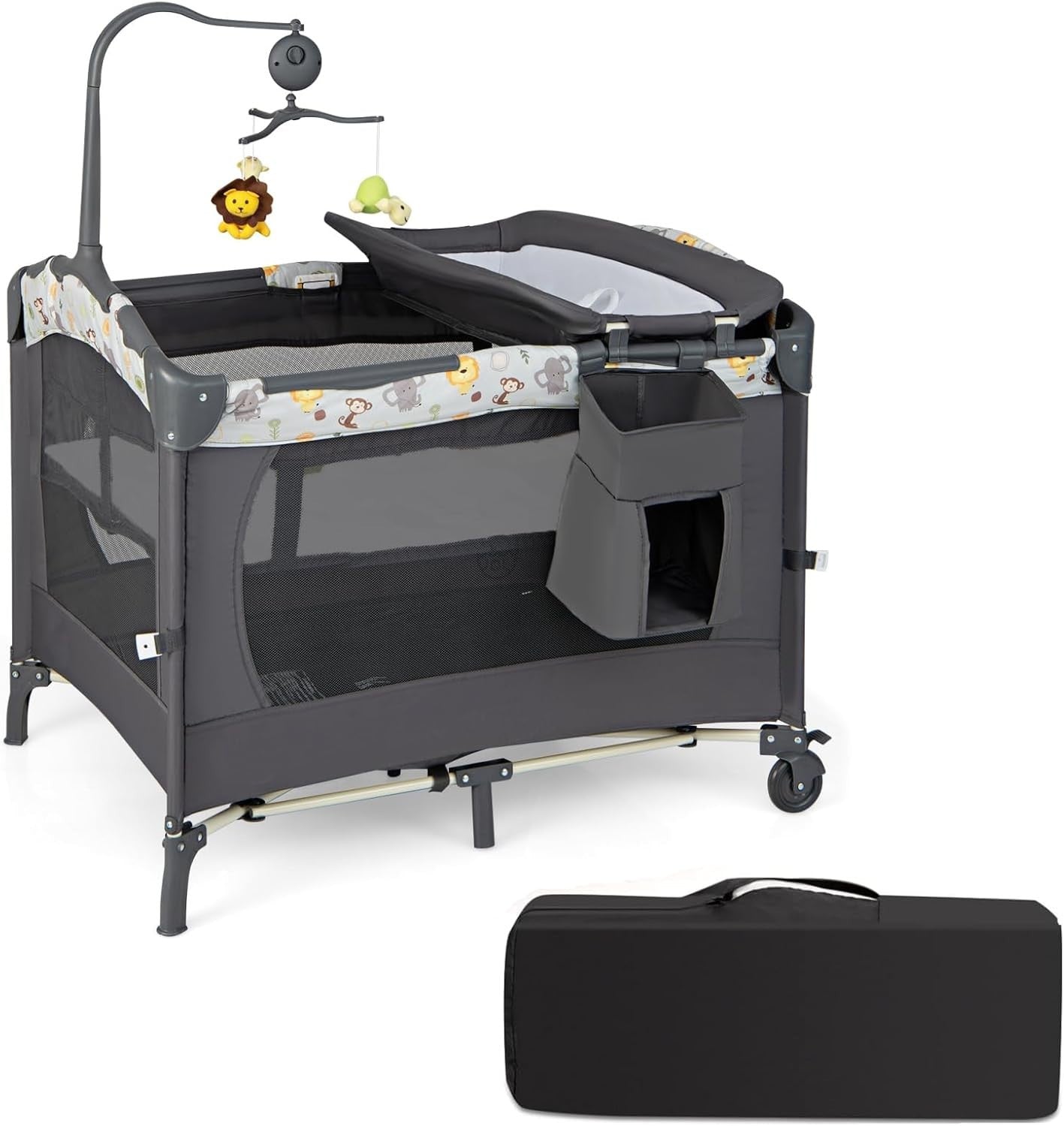 4in1 Travel Cot Baby Bedside Foldable Crib Bassinet Portable Playard Dark Grey