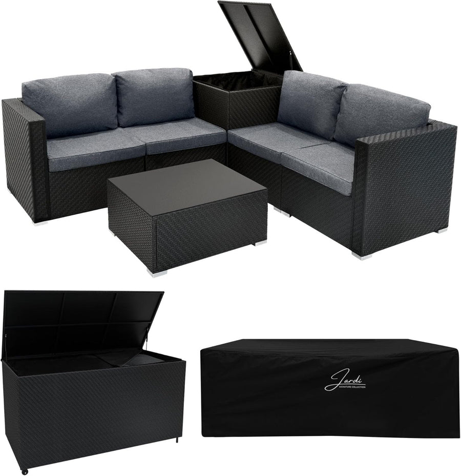 Rattan Garden Furniture Set 6PC Black Modular Sofa 996L+250L Storage Table