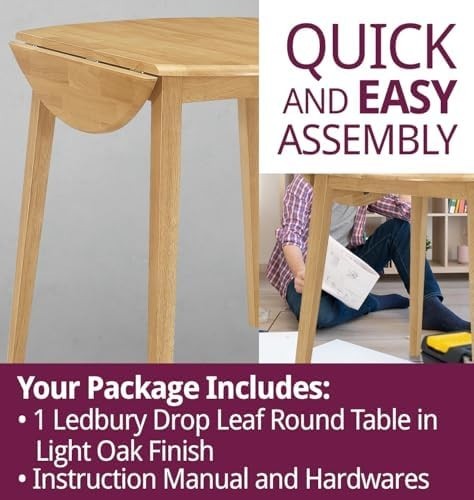 Solid Round Drop Leaf Dining Table Light Oak Space-Saving Extendable