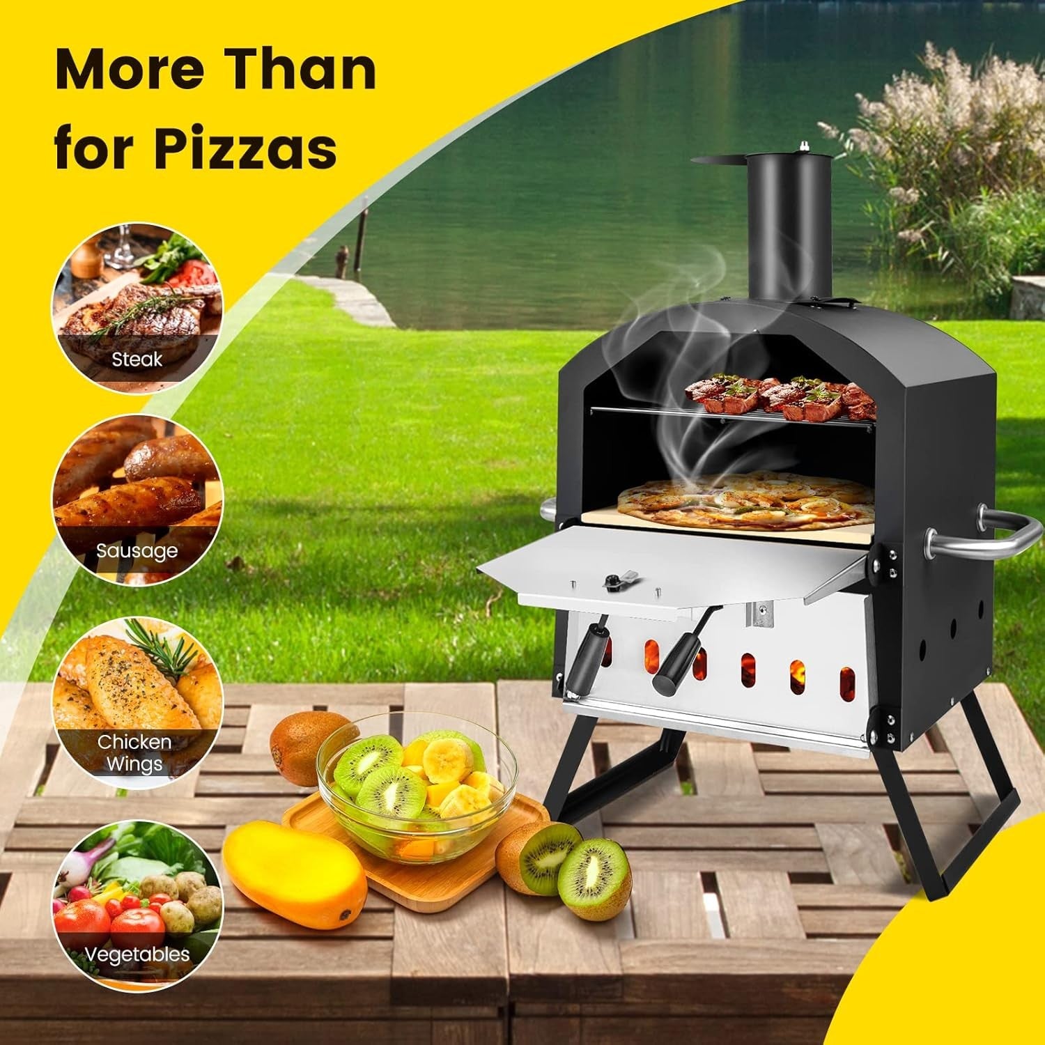 2-Layer Outdoor Wood Fired Pizza Oven with Stone, Peel & Waterproof Cover