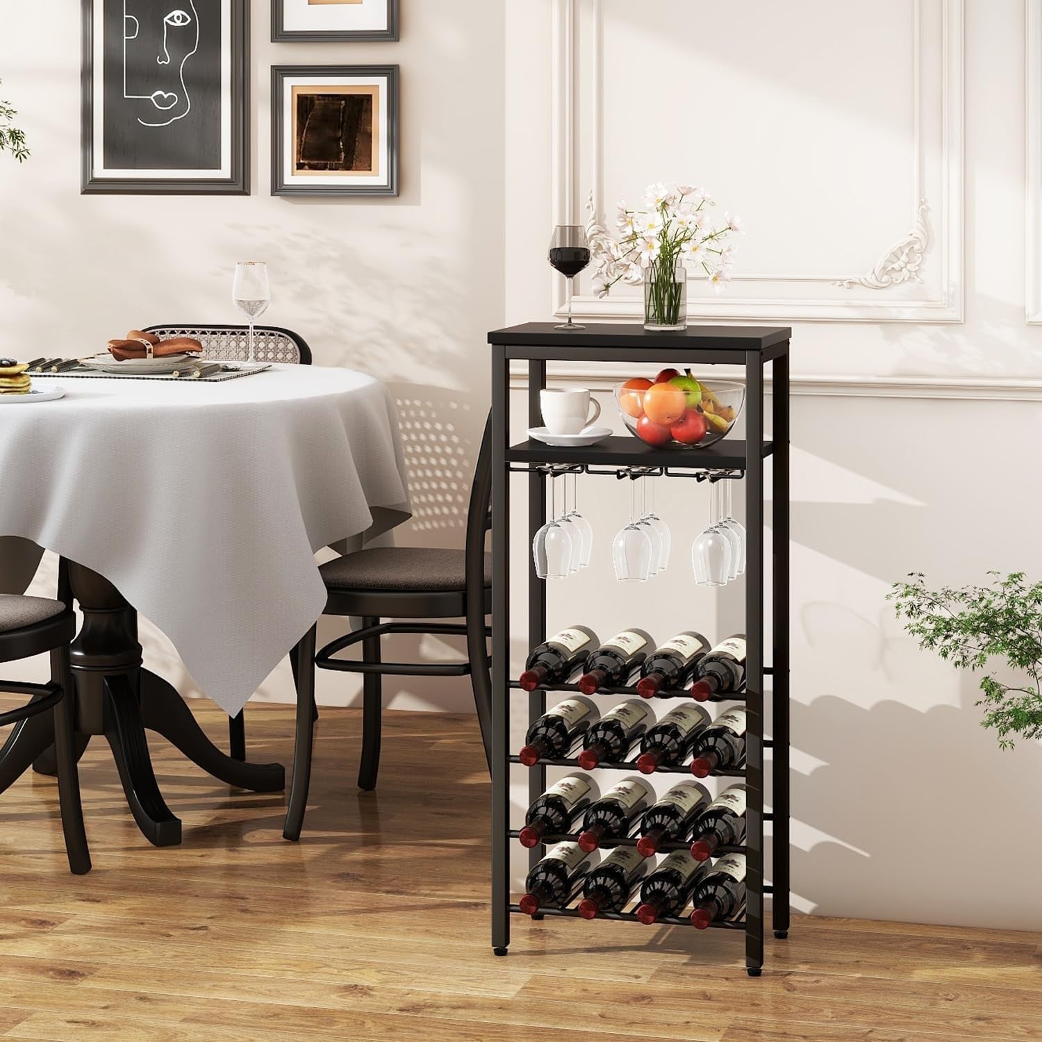 Freestanding Wine Rack 16 Bottle Storage with Hanging Glass Holder Black Shelf