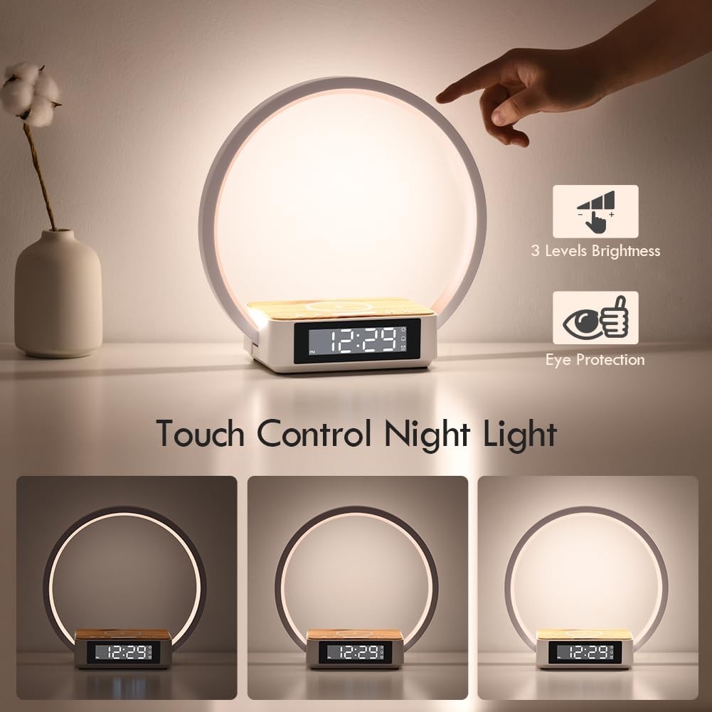 Wireless Charging Alarm Clock Lamp Touch Dimmable Sunrise Wake Light White