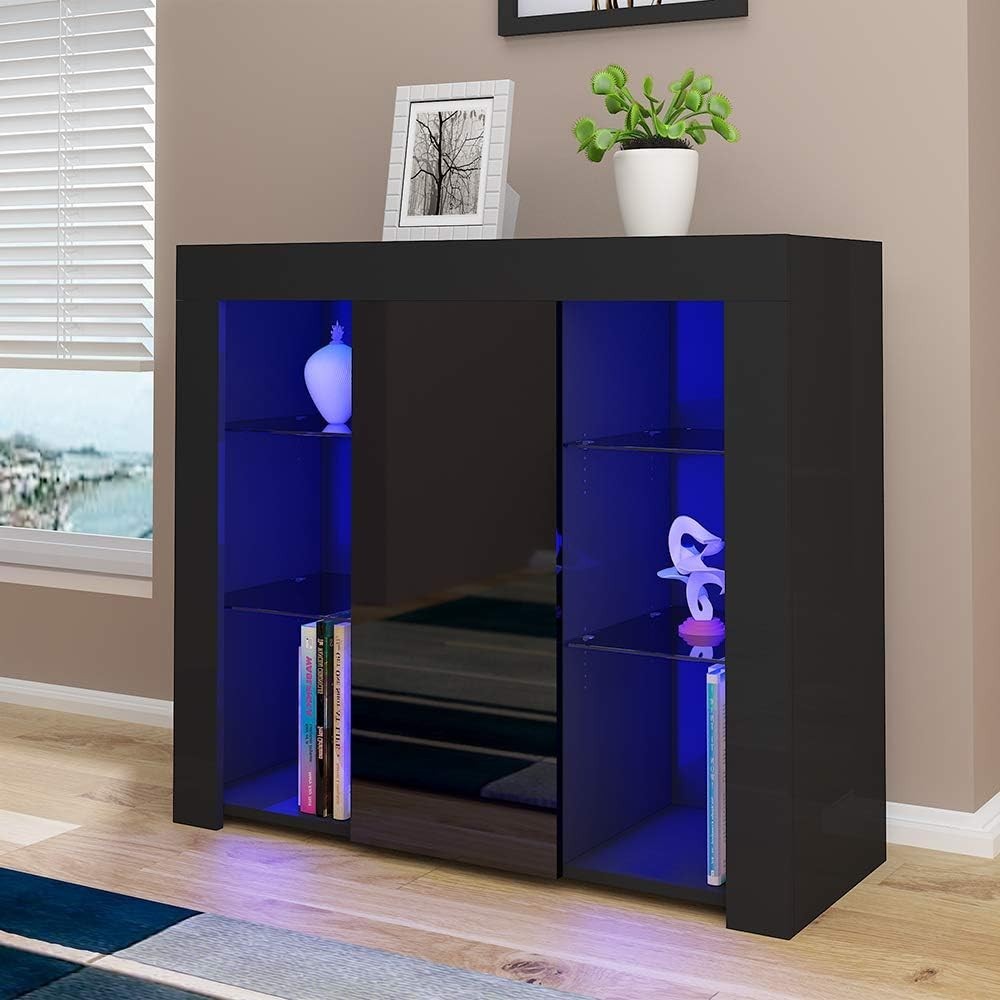 Modern LED Sideboard Display Cabinet Glass Shelves Storage Unit Black