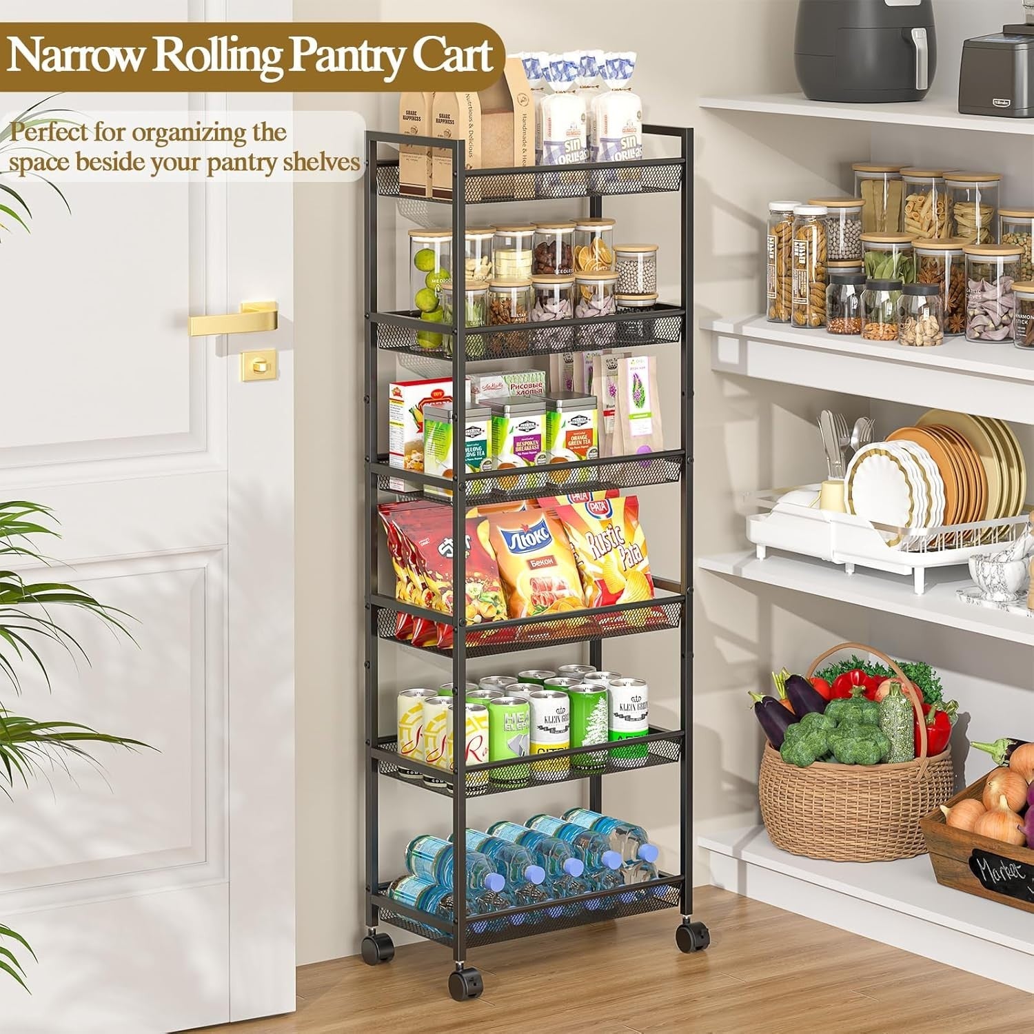 6 Tier Slim Rolling Storage Cart Narrow Utility Shelf with Wheels Black