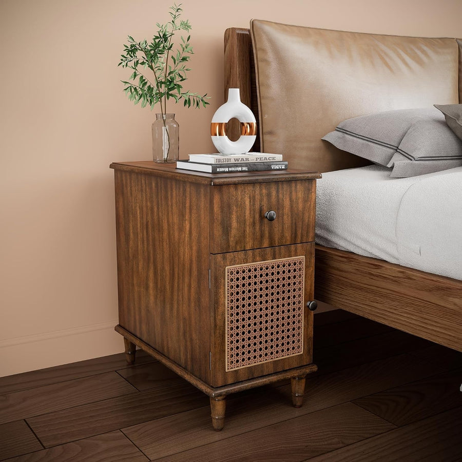 Solid Wood Walnut End Table with Drawer & Cabinet – Vintage Slim Bedside Table