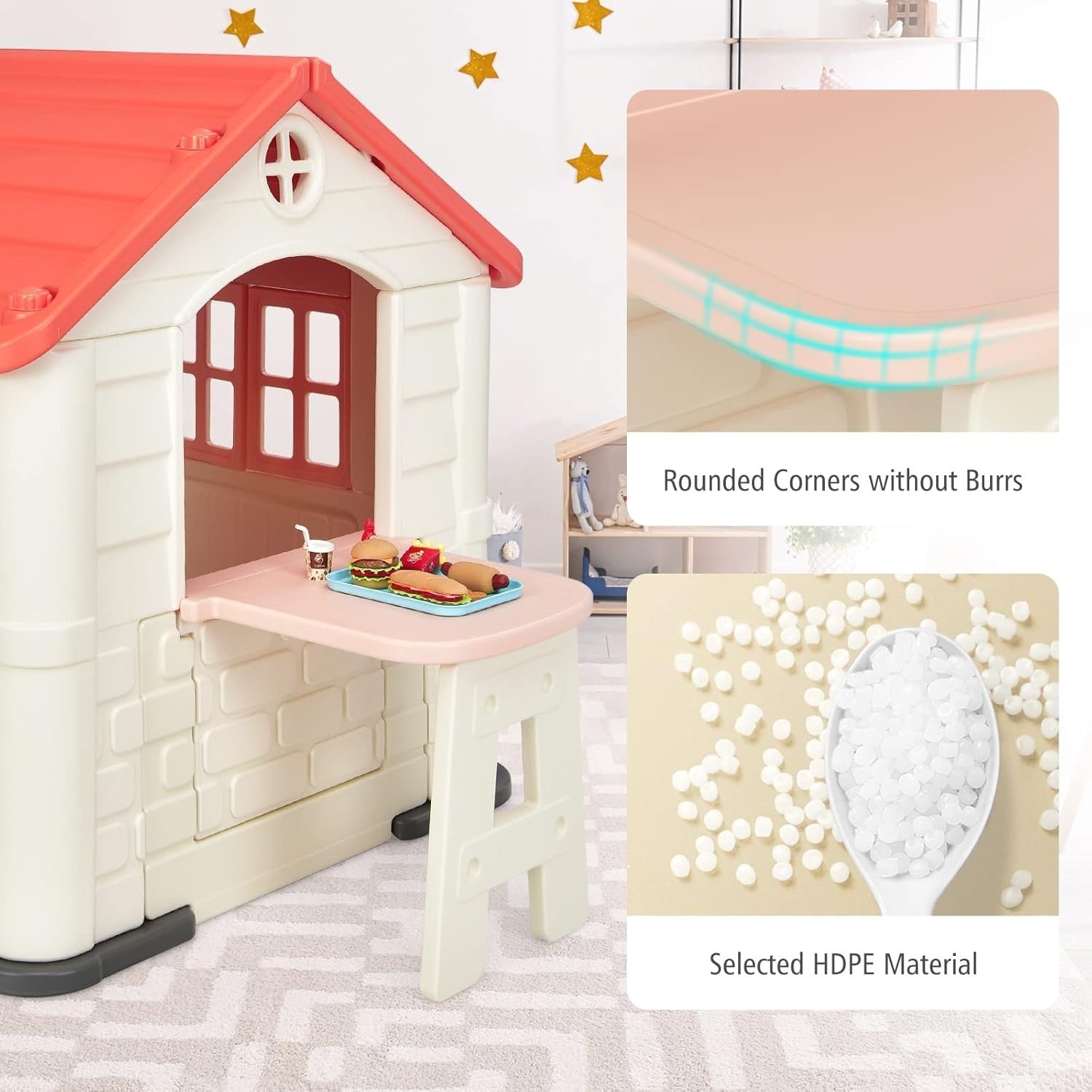 Pink Kids Outdoor Playhouse Cottage with Table Pretend Play Set