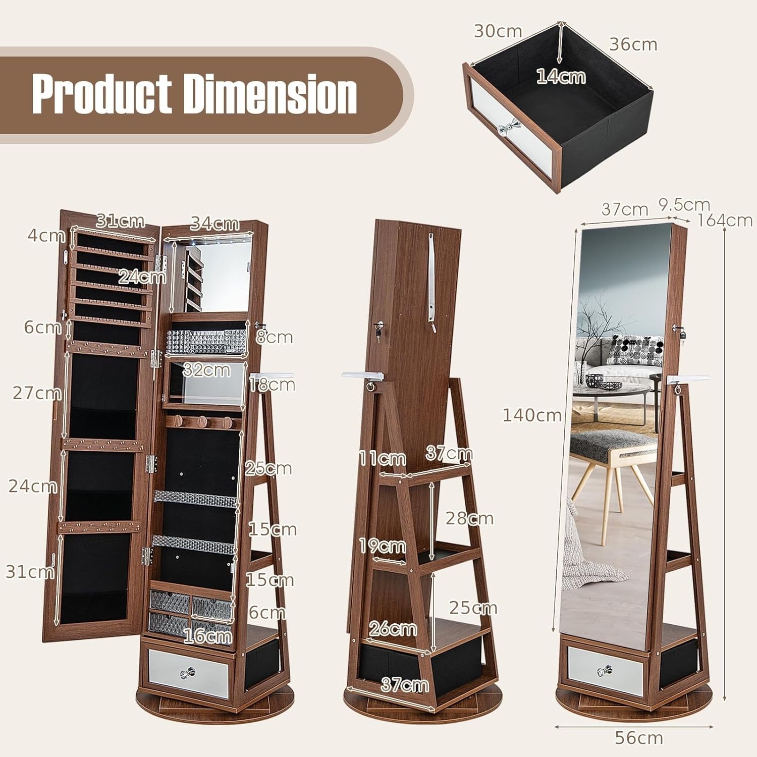 Walnut 360° Swivel LED Jewelry Cabinet Mirror Lockable Storage Organizer