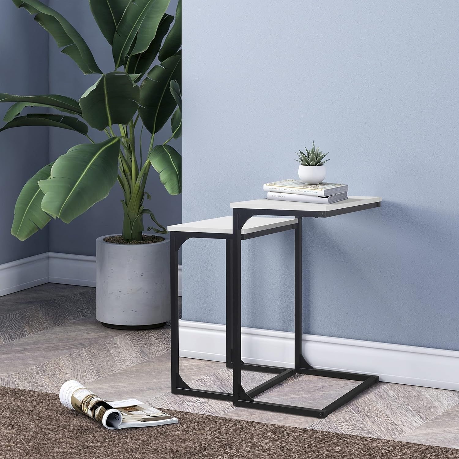 Set of 2 MDF Wood Side Tables Metal Frame Nightstands White Bedroom Storage