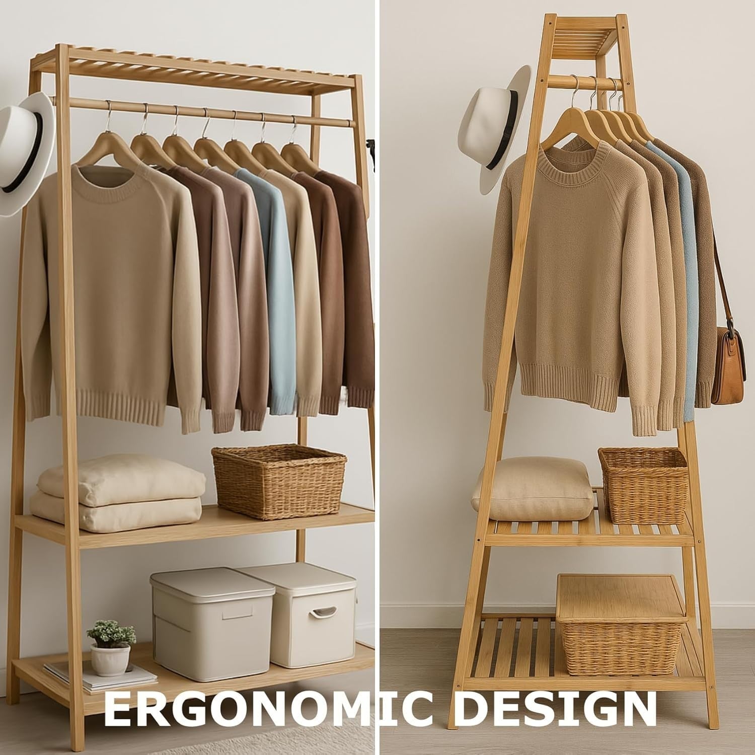 Wooden Clothes Rail Bamboo Garment Rack with Shelves