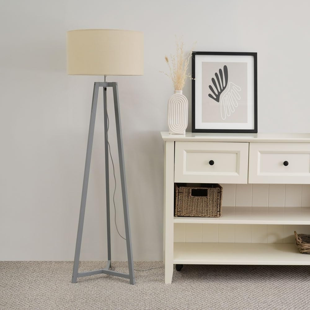 Grey Wooden Tripod Floor Lamp Natural Fabric Drum Shade LED Light