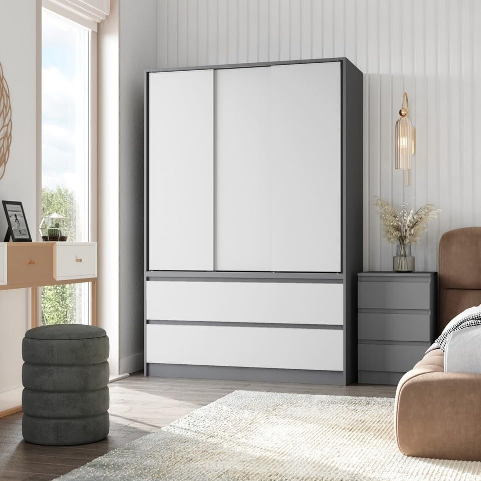 White Sliding Door Wardrobe with 4 Drawers & Hanging Rail – Space Saving