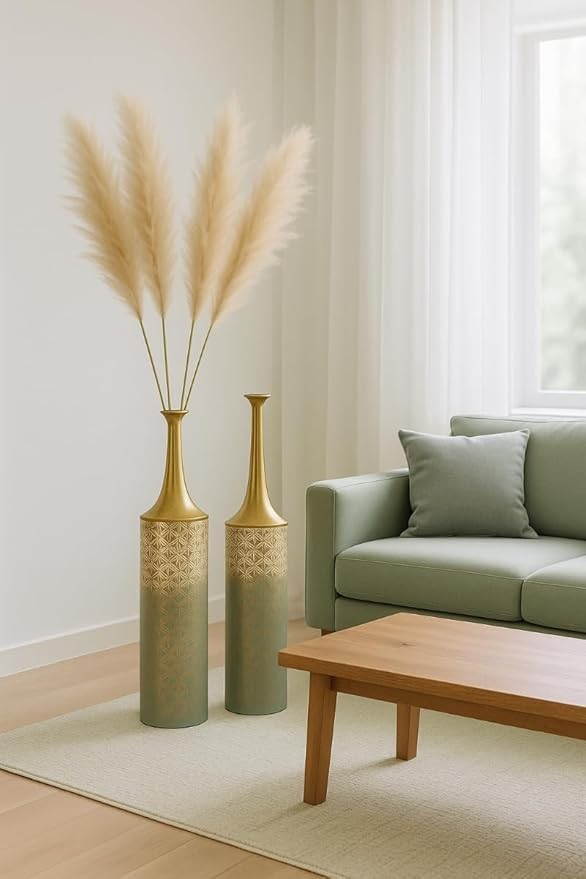 Tall Floor Vases Set of 2 Gold White Metal Modern Home Decor 66/59cm