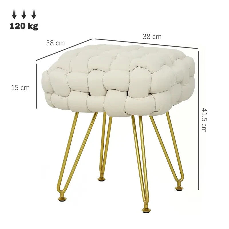 Cream Woven Velvet Footstool Ottoman Seat with Gold Legs for Bedroom