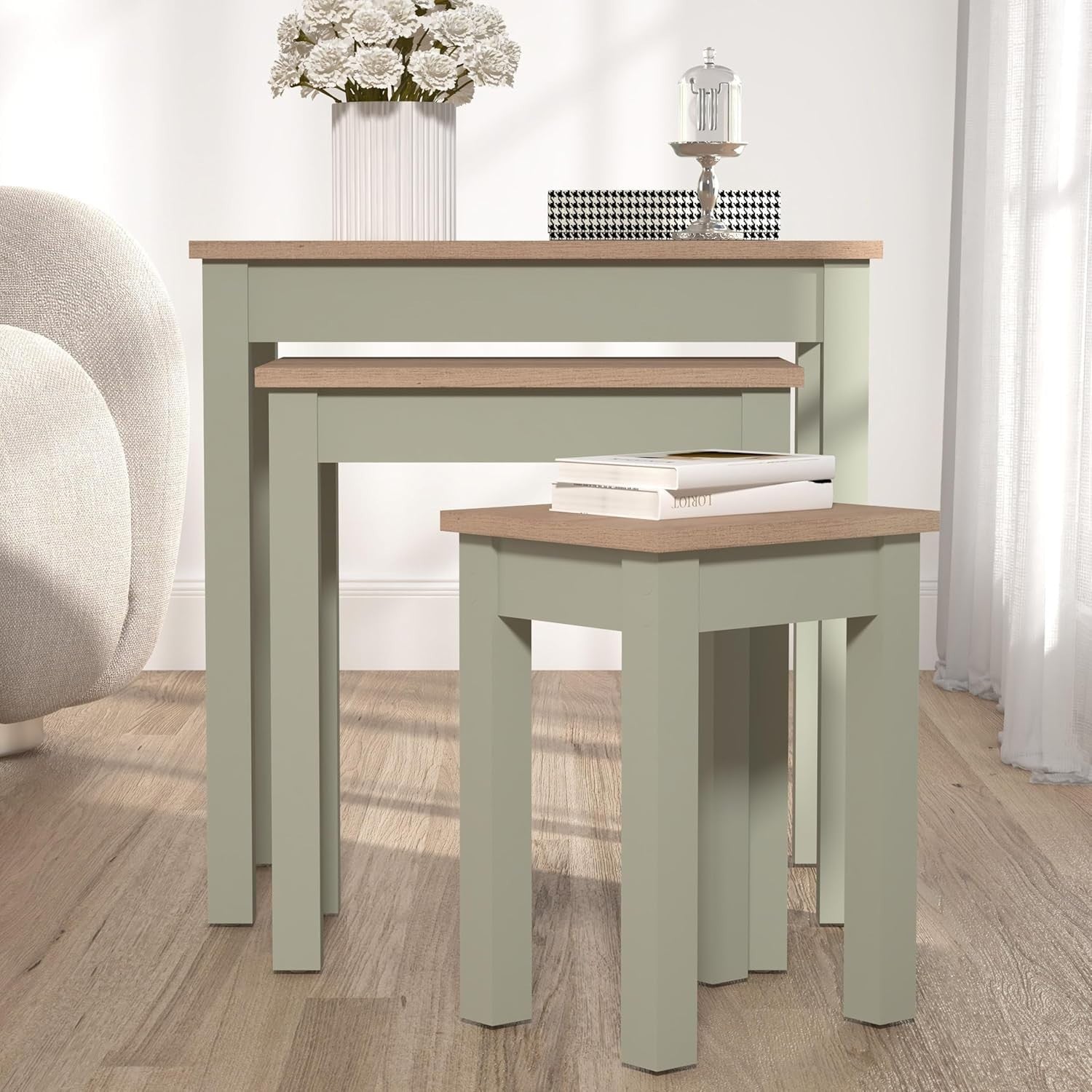 Space-Saving Nesting Coffee Tables Set of 3 Wood Side End Table Sage Green/Oak