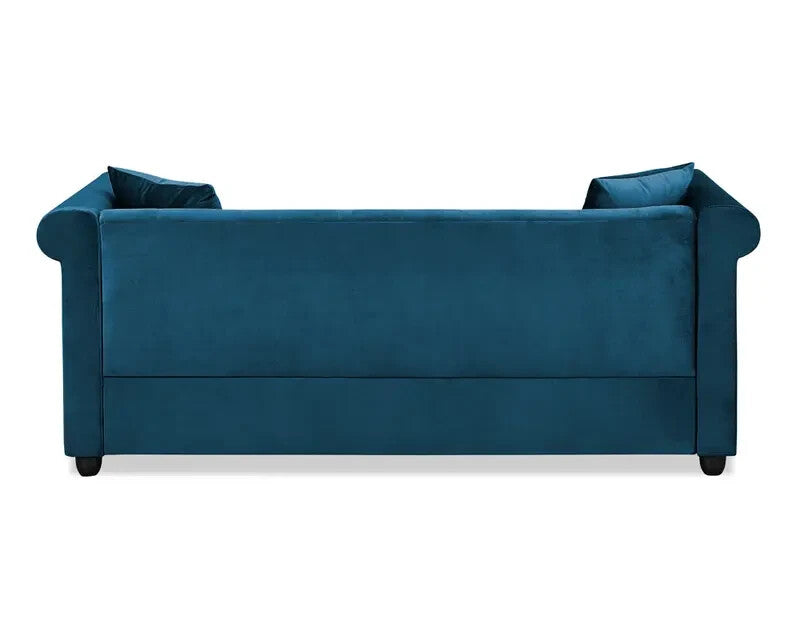 3 Seater Chesterfield Sofa Blue Velvet Scroll Arms Plush Living Room