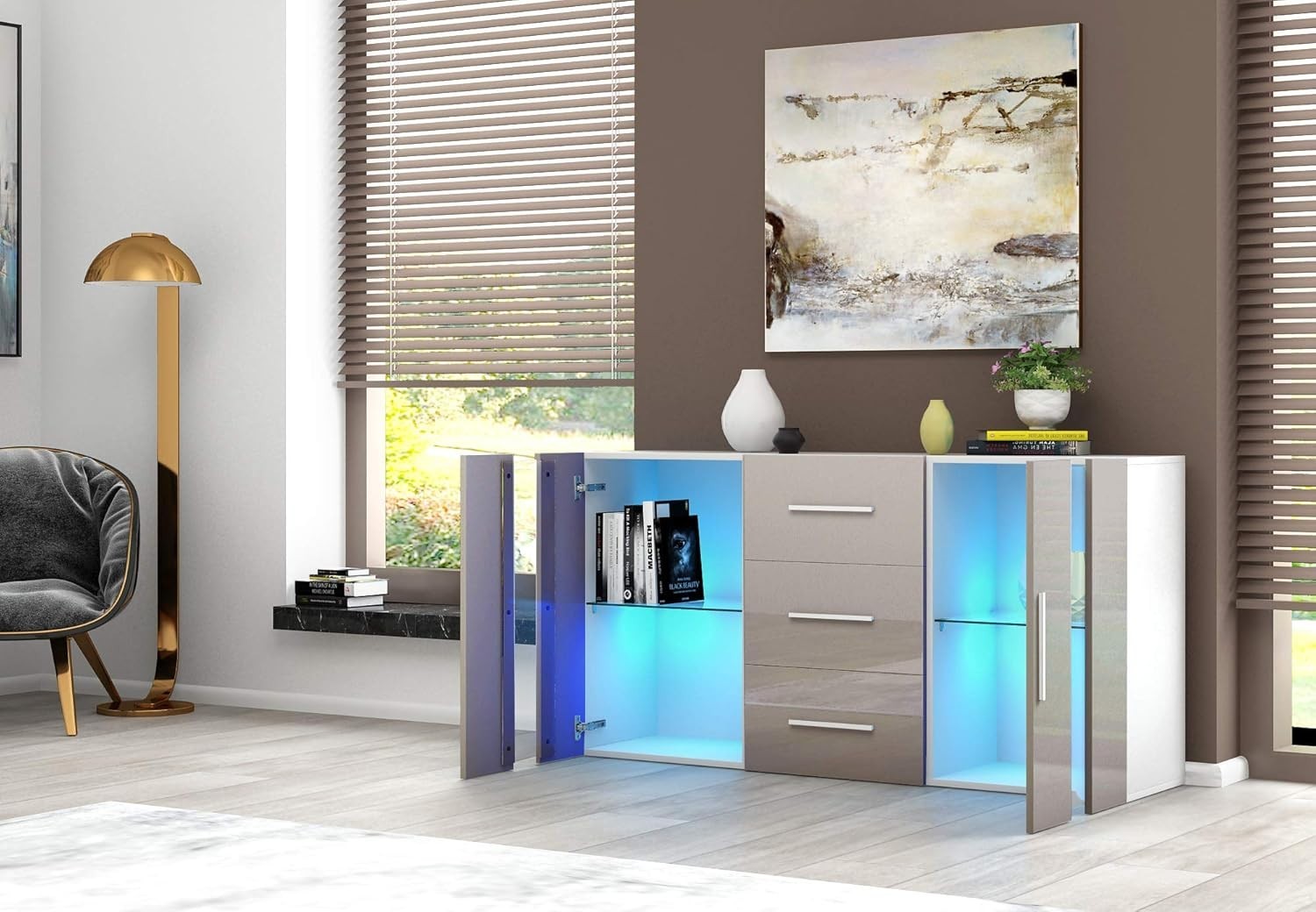 Modern Grey RGB LED Sideboard Cabinet 2 Doors 3 Drawers Storage Unit