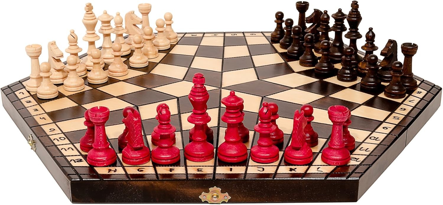 Large 3-Player Wooden Chess Set Hexagonal Board 40×35cm Handcrafted Travel
