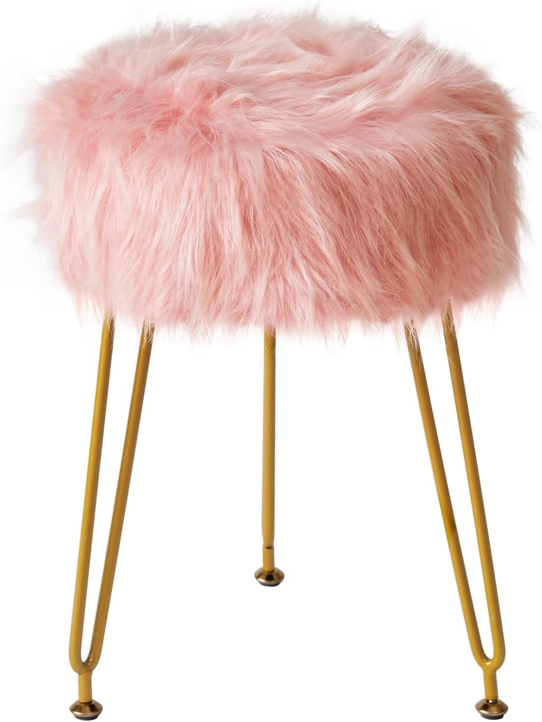 Pink Faux Fur Vanity Stool with Storage – Soft Round Makeup Chair
