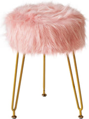 Pink Faux Fur Vanity Stool with Storage – Soft Round Makeup Chair