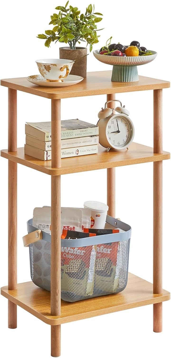 3-Tier Solid Wood Side Table with Storage Shelves - No Assembly Needed