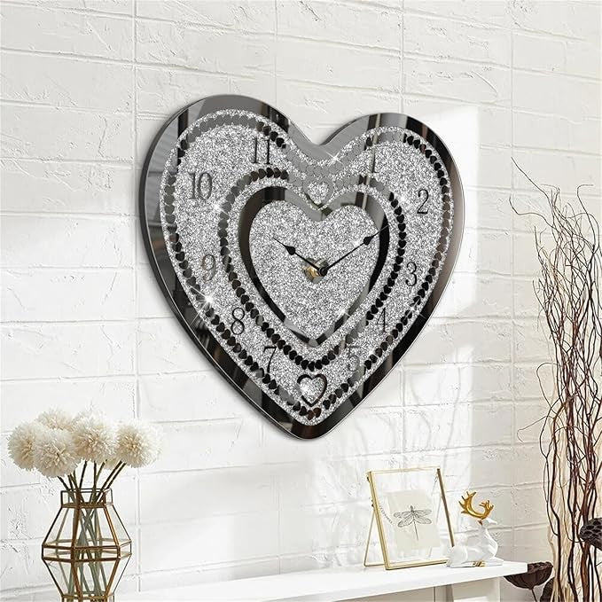 Heart Shape Crushed Diamond Mirror Wall Clock Silver Crystal Sparkle 35×40cm