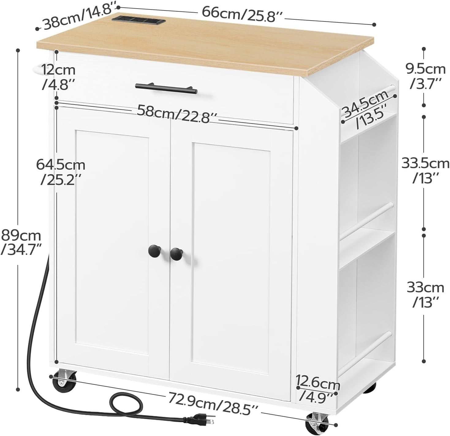Rolling Kitchen Island Cart with Power Outlet, Spice Rack & Storage Drawer