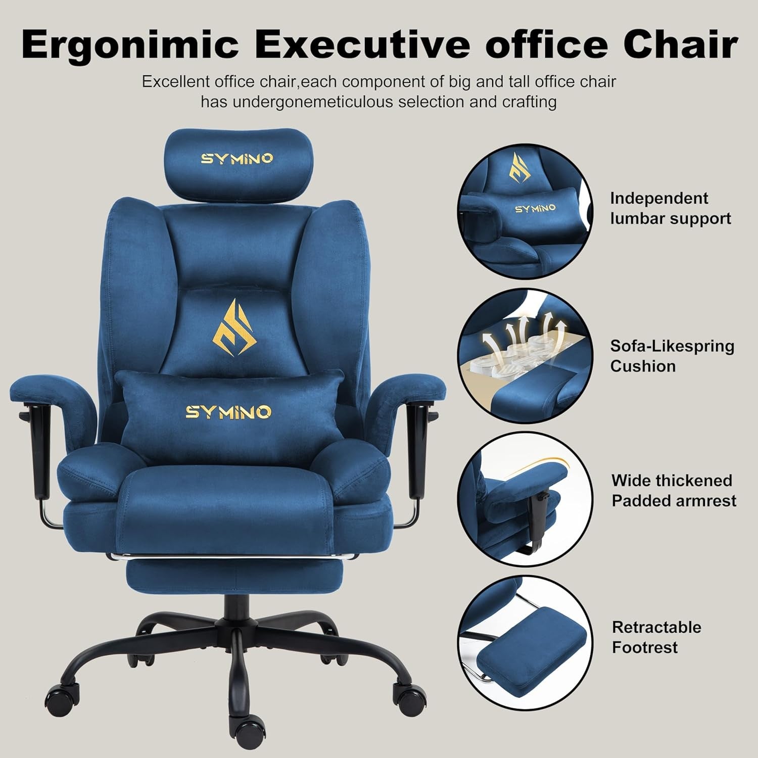 Ergonomic Gaming Chair w/ Footrest Pocket Spring Support Blue