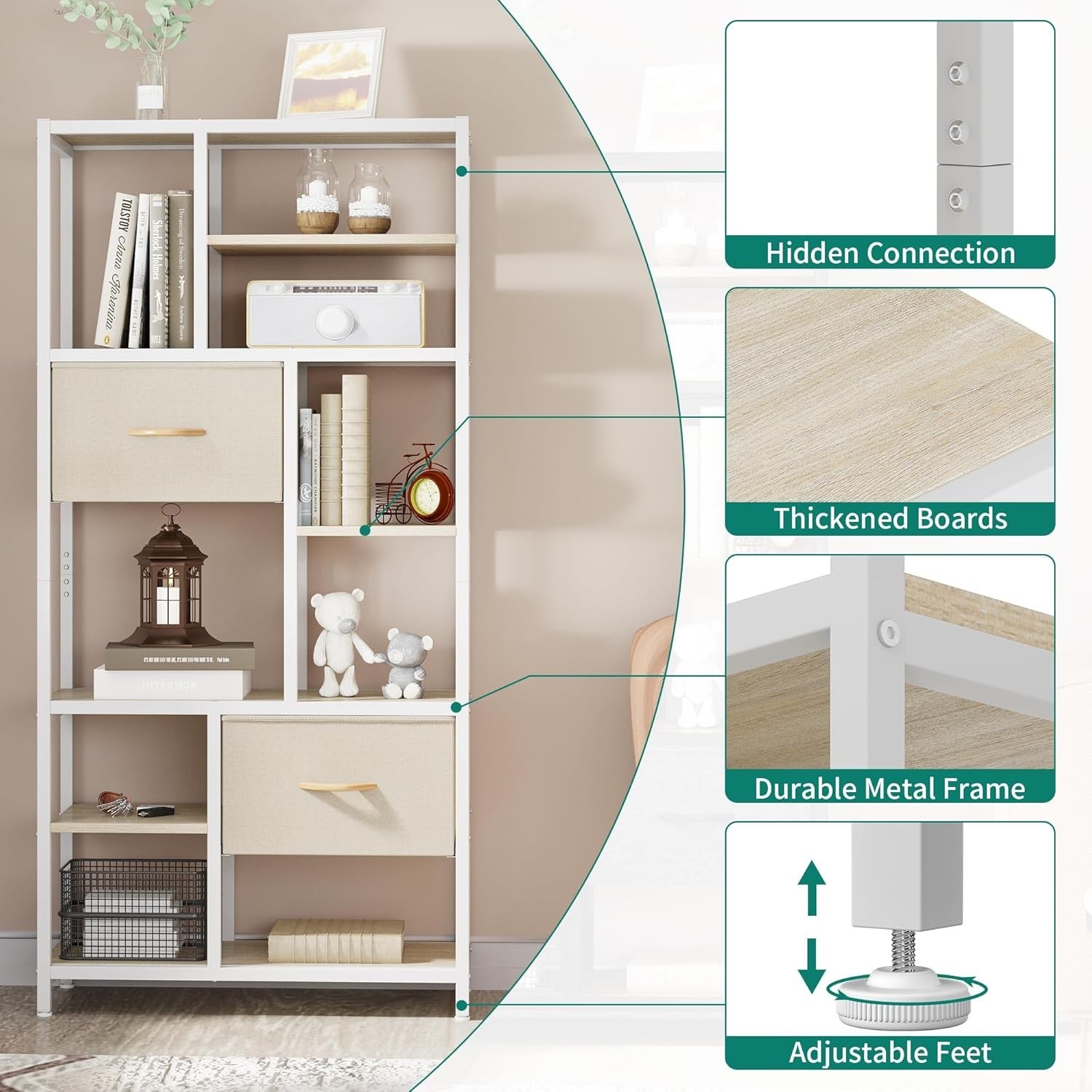 7-Tier Industrial Bookshelf with Drawers, Tall Storage Display Unit Beige