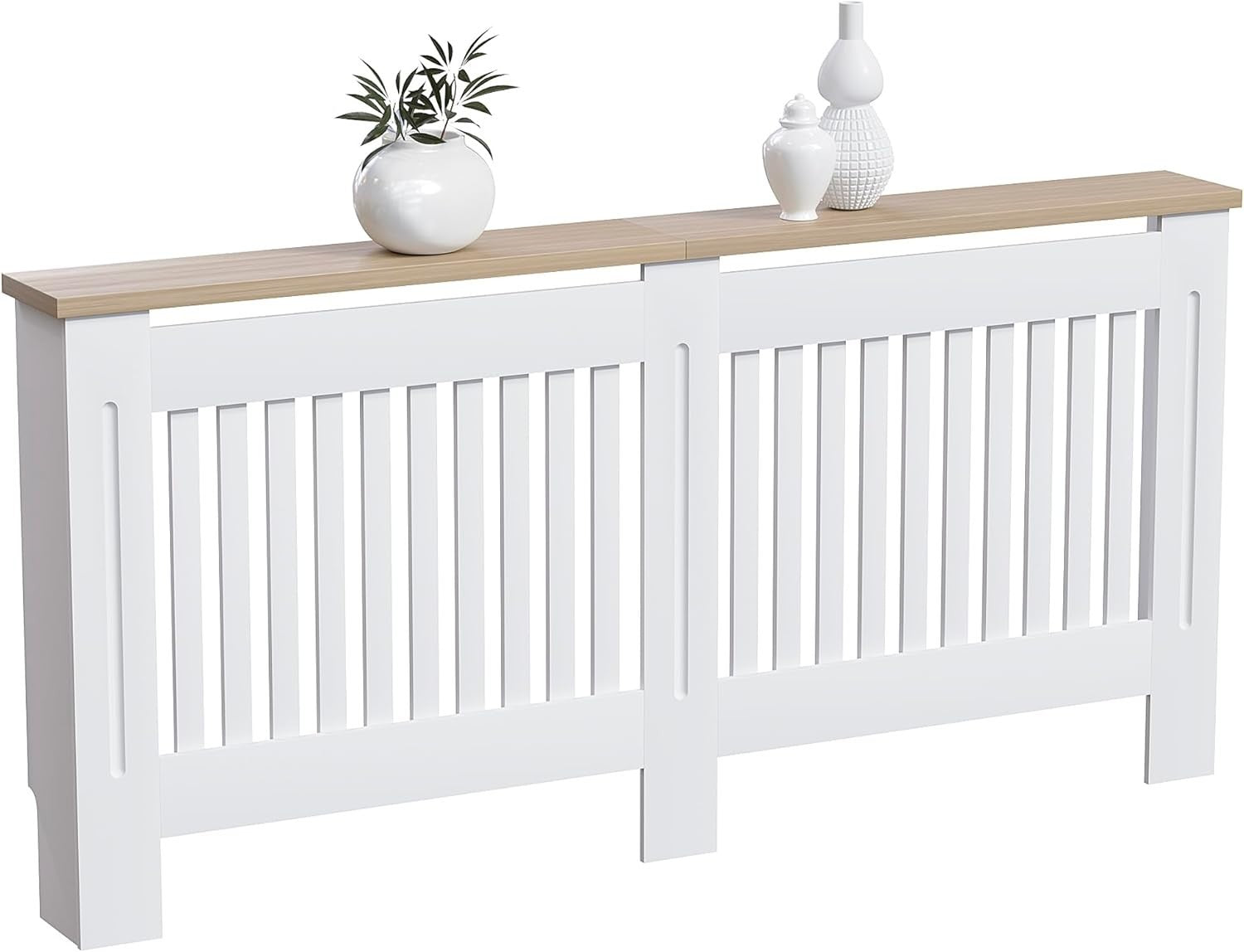 Extra Large White Radiator Cover Cabinet MDF Slatted Grill with Wooden Top Shelf