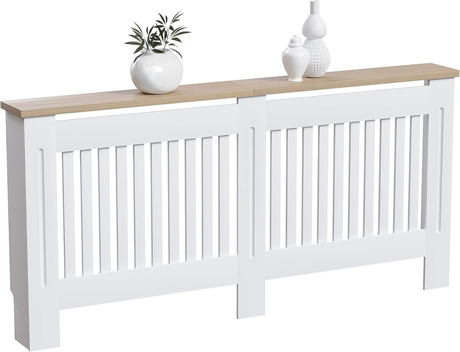 Extra Large White Radiator Cover Cabinet MDF Slatted Grill with Wooden Top Shelf
