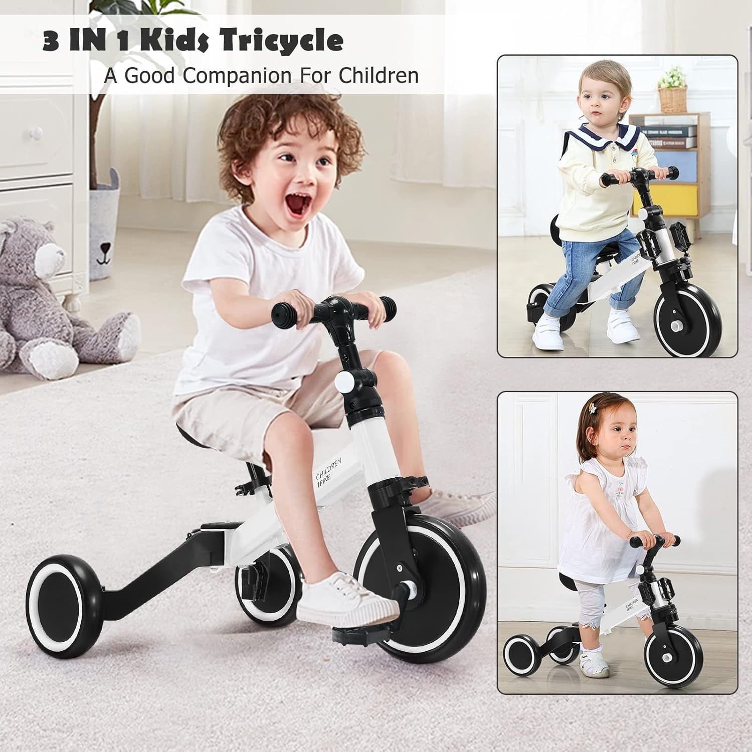 3 In 1 Toddler Tricycle Balance Bike Baby Walker Adjustable White 1-4Y
