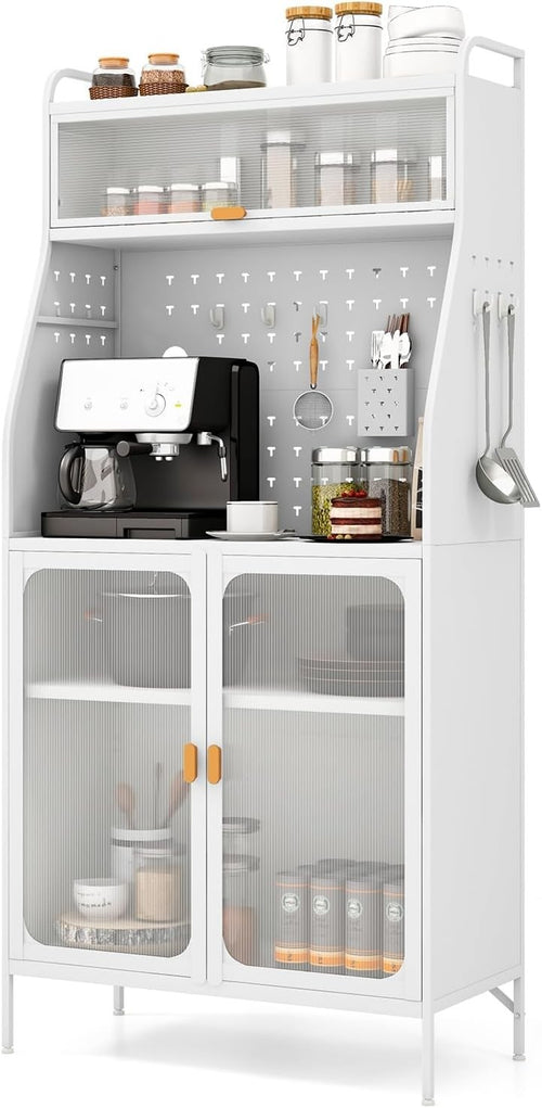 White Kitchen Pantry Cupboard with Flip Door, Pegboard & Adjustable Shelf