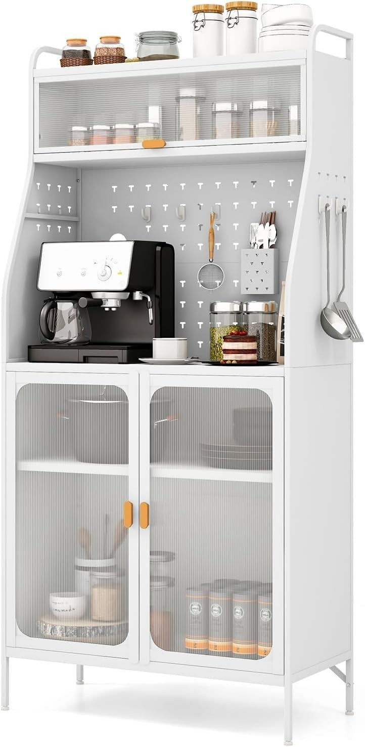 White Kitchen Pantry Cupboard with Flip Door, Pegboard & Adjustable Shelf