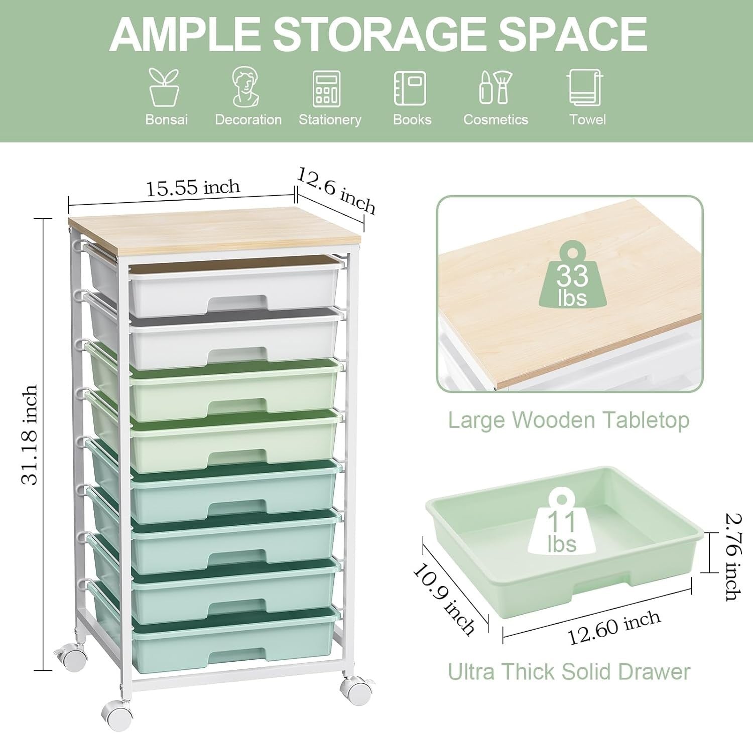8 Drawer Rolling Storage Cart Utility Organizer Trolley Light Green