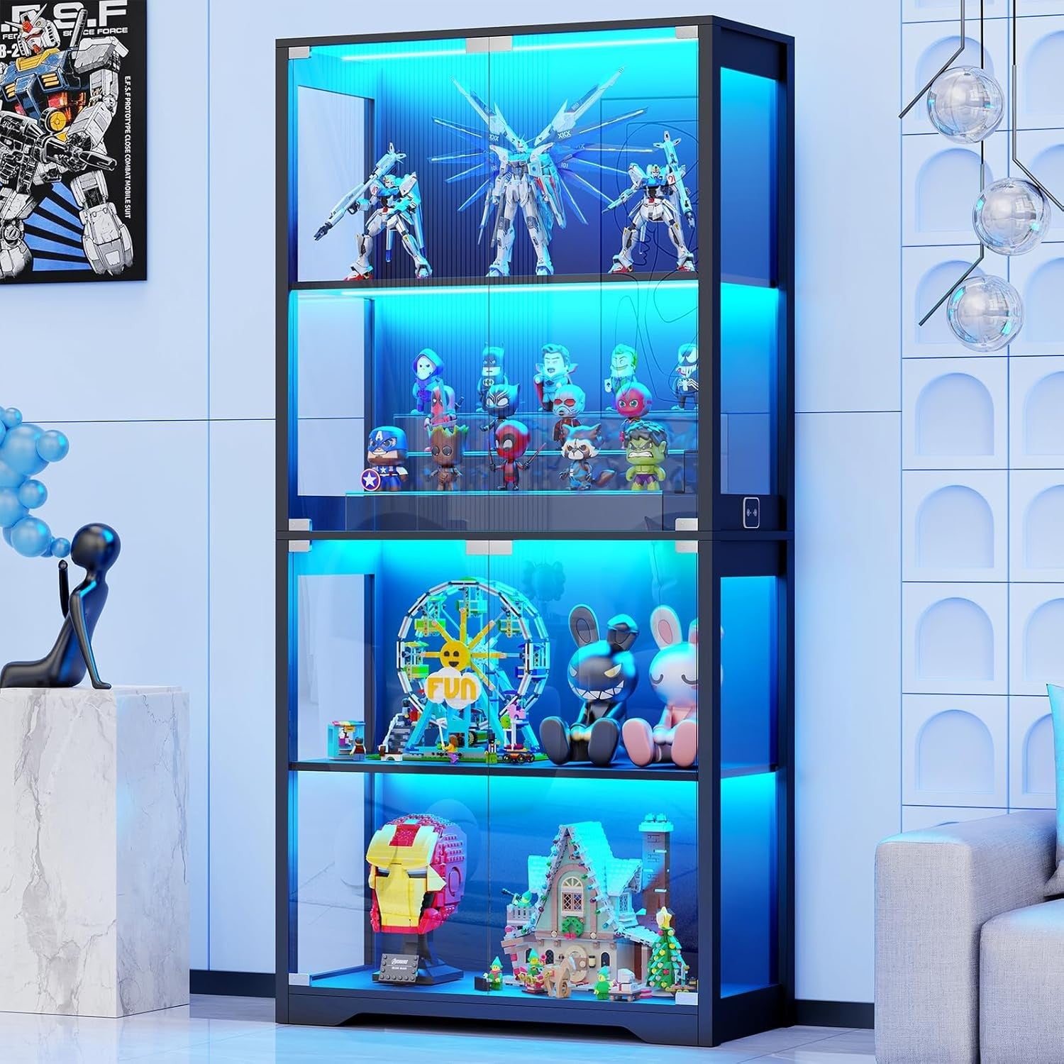 LED Display Cabinet with Glass Doors, Sensor Lighting, Tall Storage Shelf