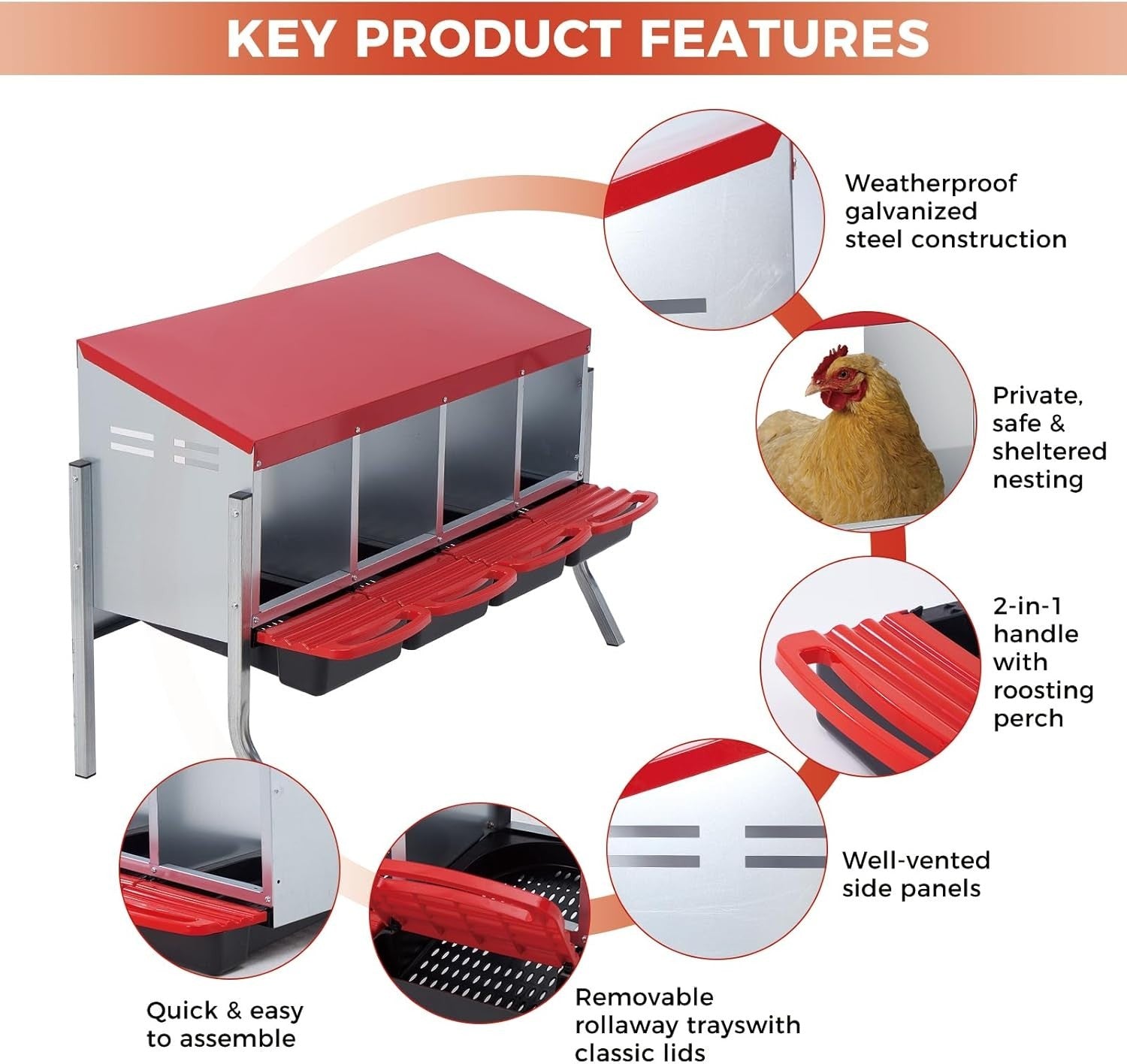 4 Chamber Galvanised Steel Chicken Nest Box Pull Out Tray Red