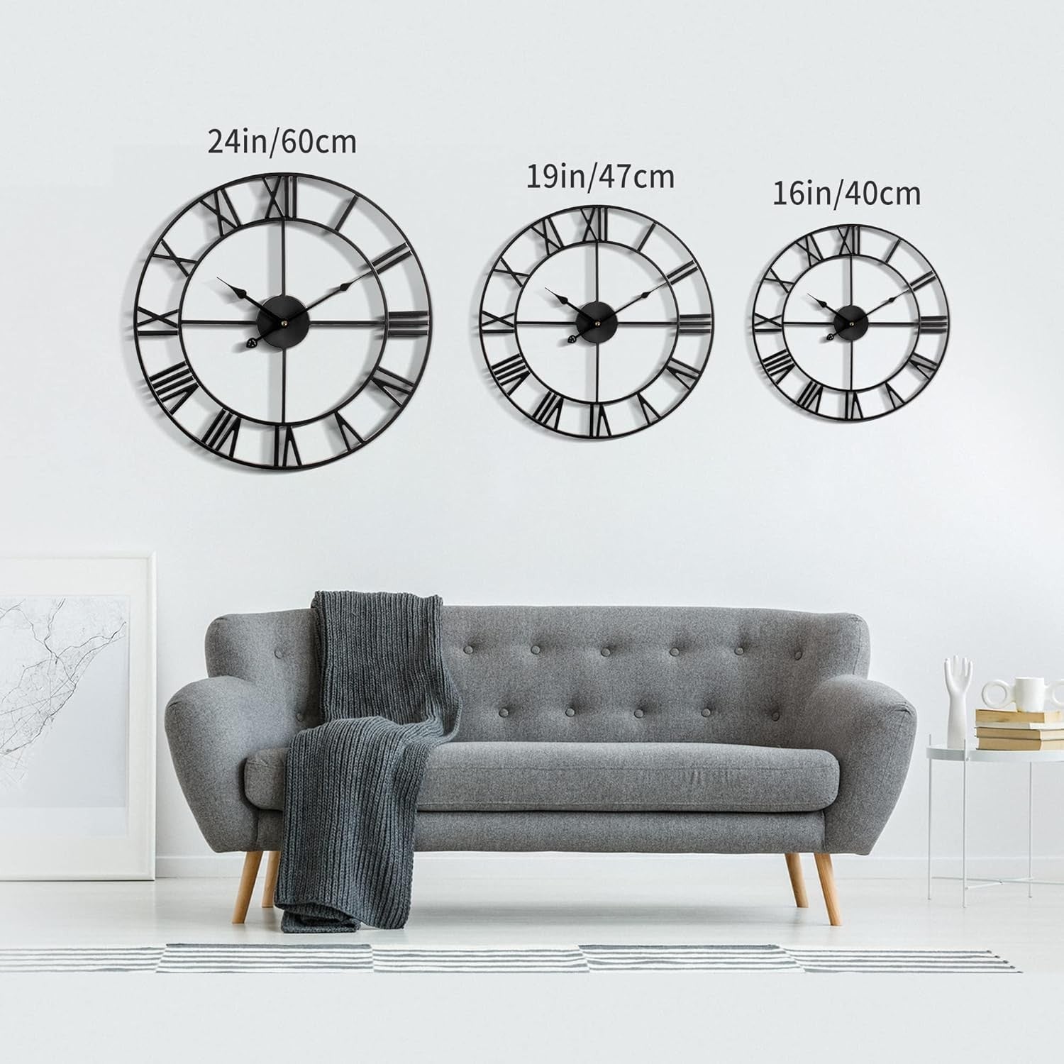 47cm Large Roman Numeral Wall Clock Black Metal Silent Quartz Modern Decor