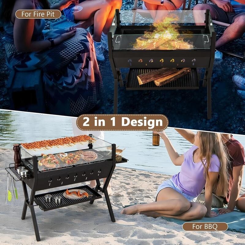 2-in-1 BBQ Grill & Fire Pit with Glass Shield, Shelf, Gloves, Racks