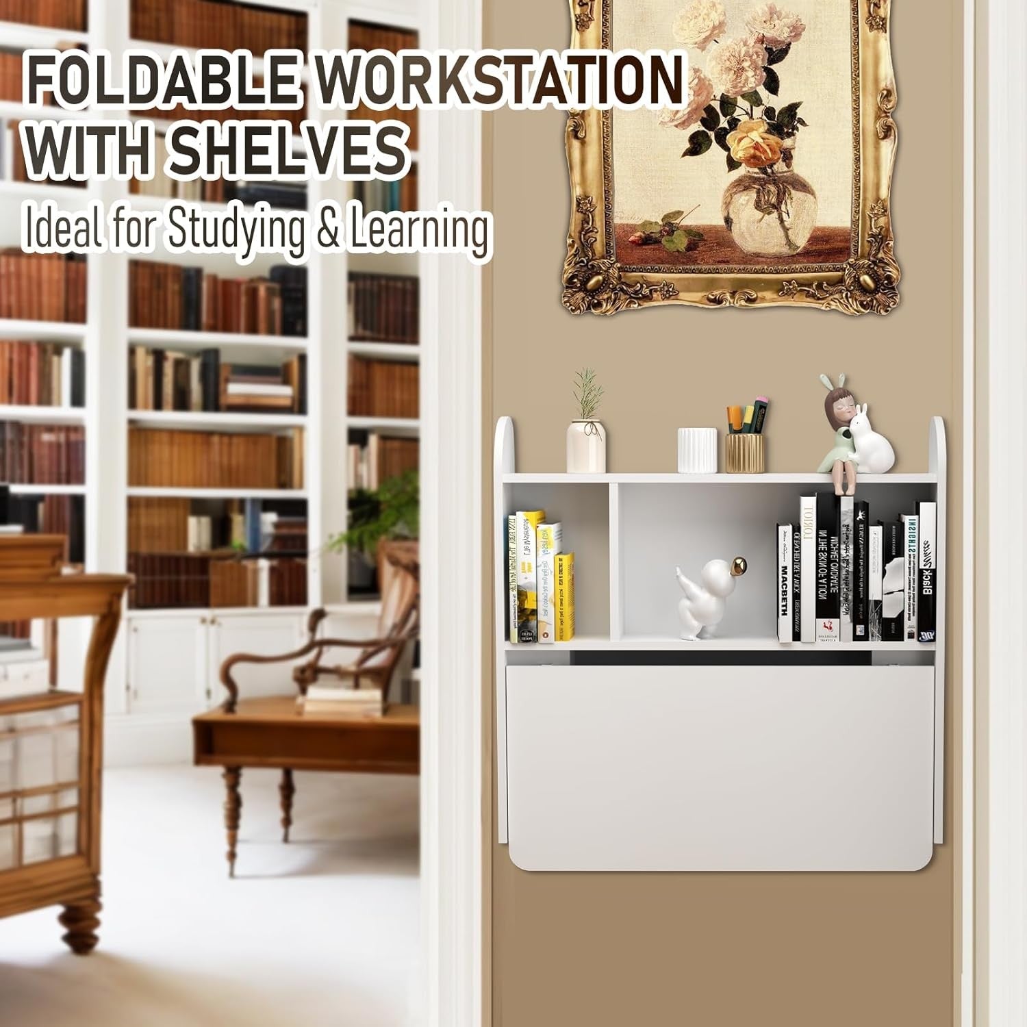 Wall Mounted Folding Desk Floating Laptop Table with Shelves Storage White