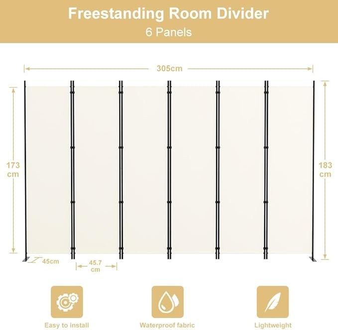 6-Panel Folding Room Divider 6ft Beige Privacy Screen Wall Partition Home Office