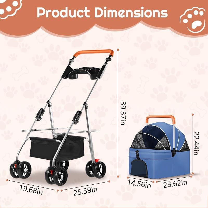 Pet Travel Stroller Dog Cat Pushchair Foldable 360° Wheels 15kg Blue