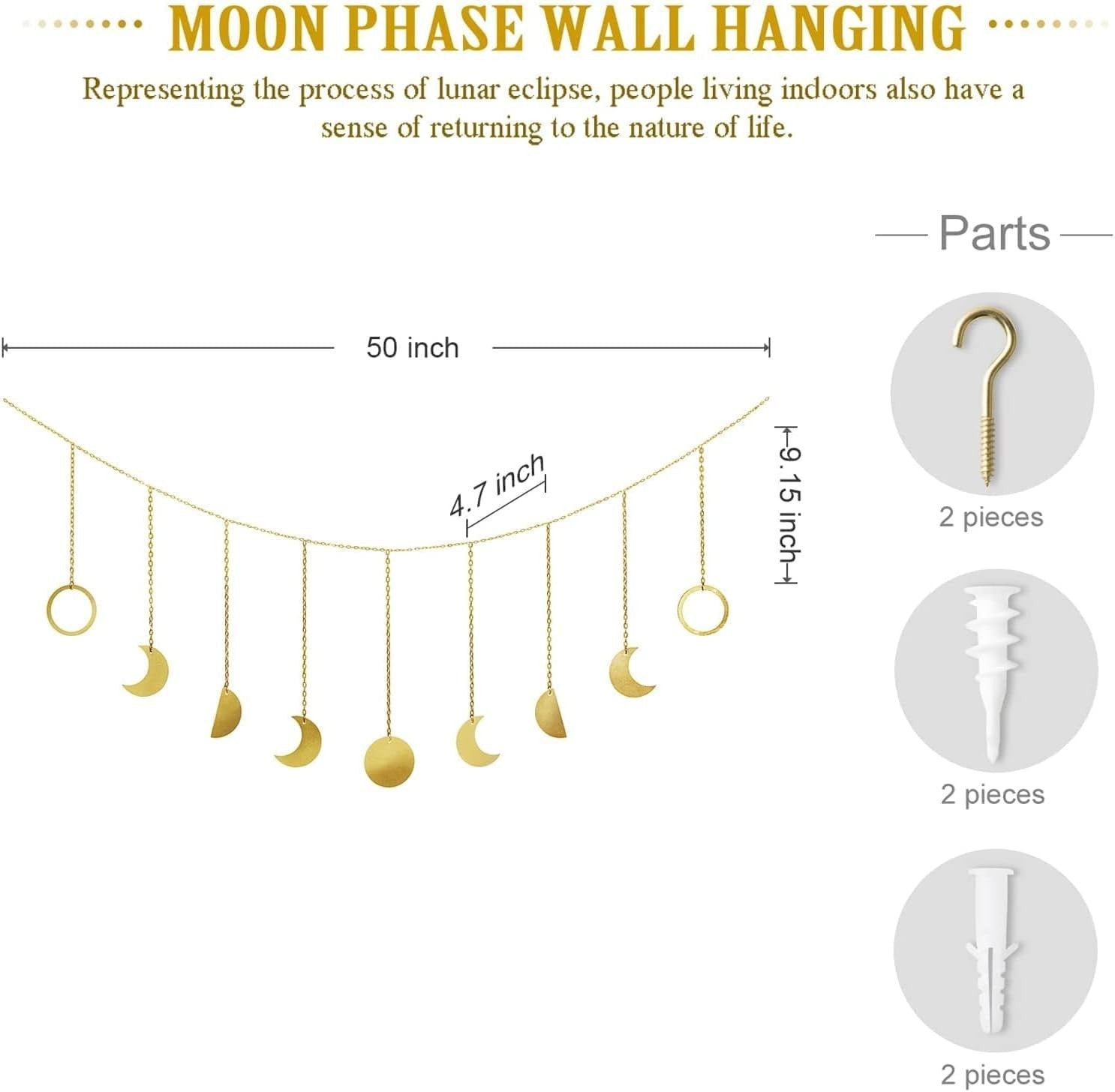 Moon Phase Garland Boho Wall Hanging Gold 130cm Decor