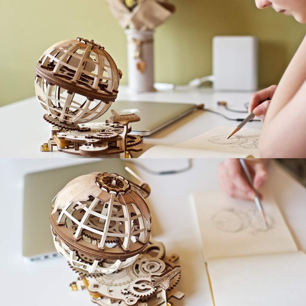 3D Wooden Earth Globe Puzzle Kit with Rotating Satellites - 184 Pieces