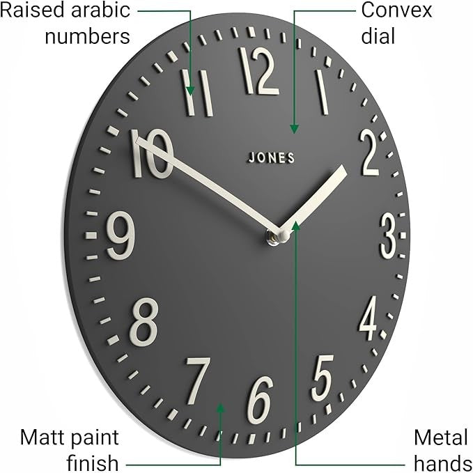 30cm Dark Grey Wall Clock Modern Convex Silent Raised Numbers Home Decor