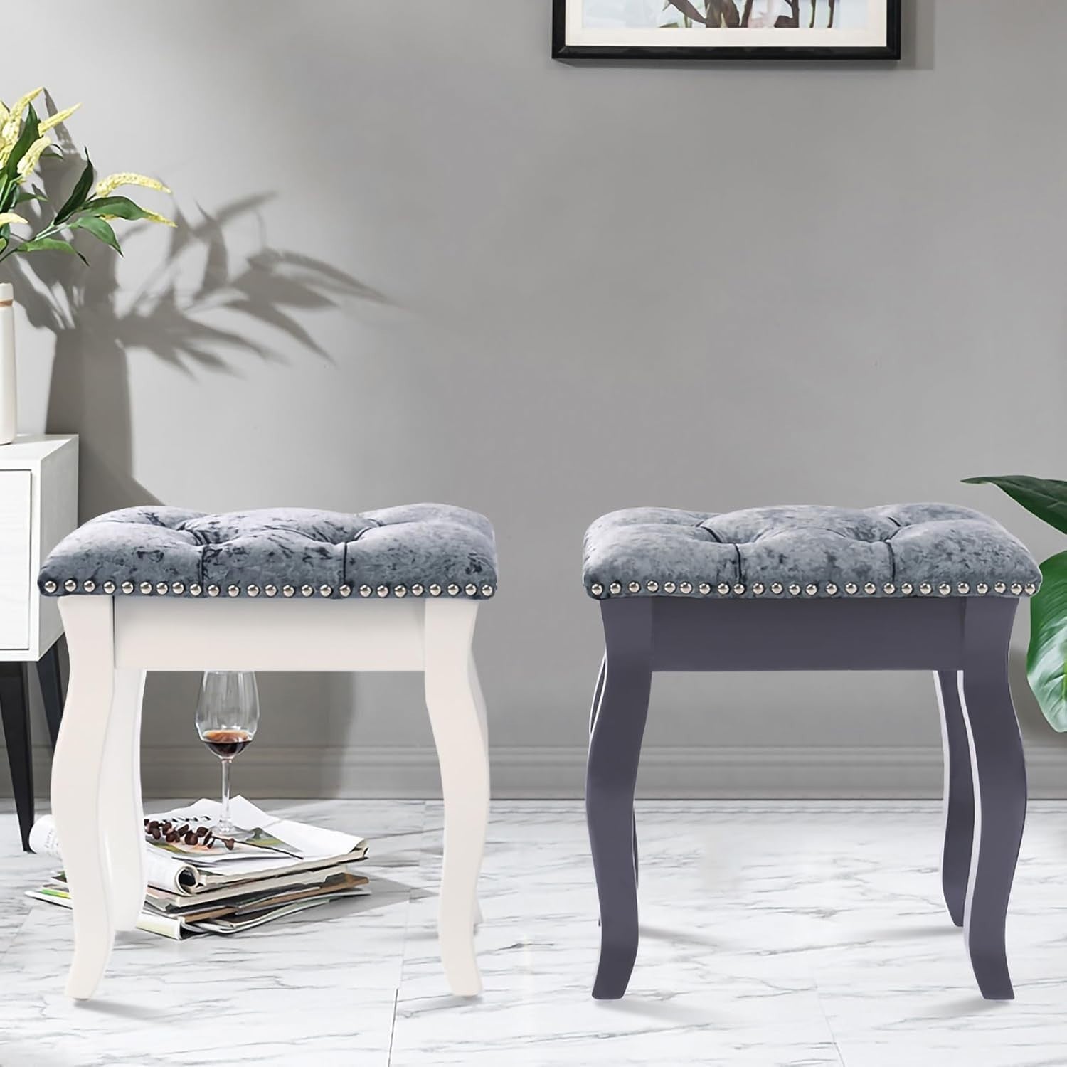 Grey Velvet Vanity Stool with Wooden Legs – Comfortable Dressing Table Chair