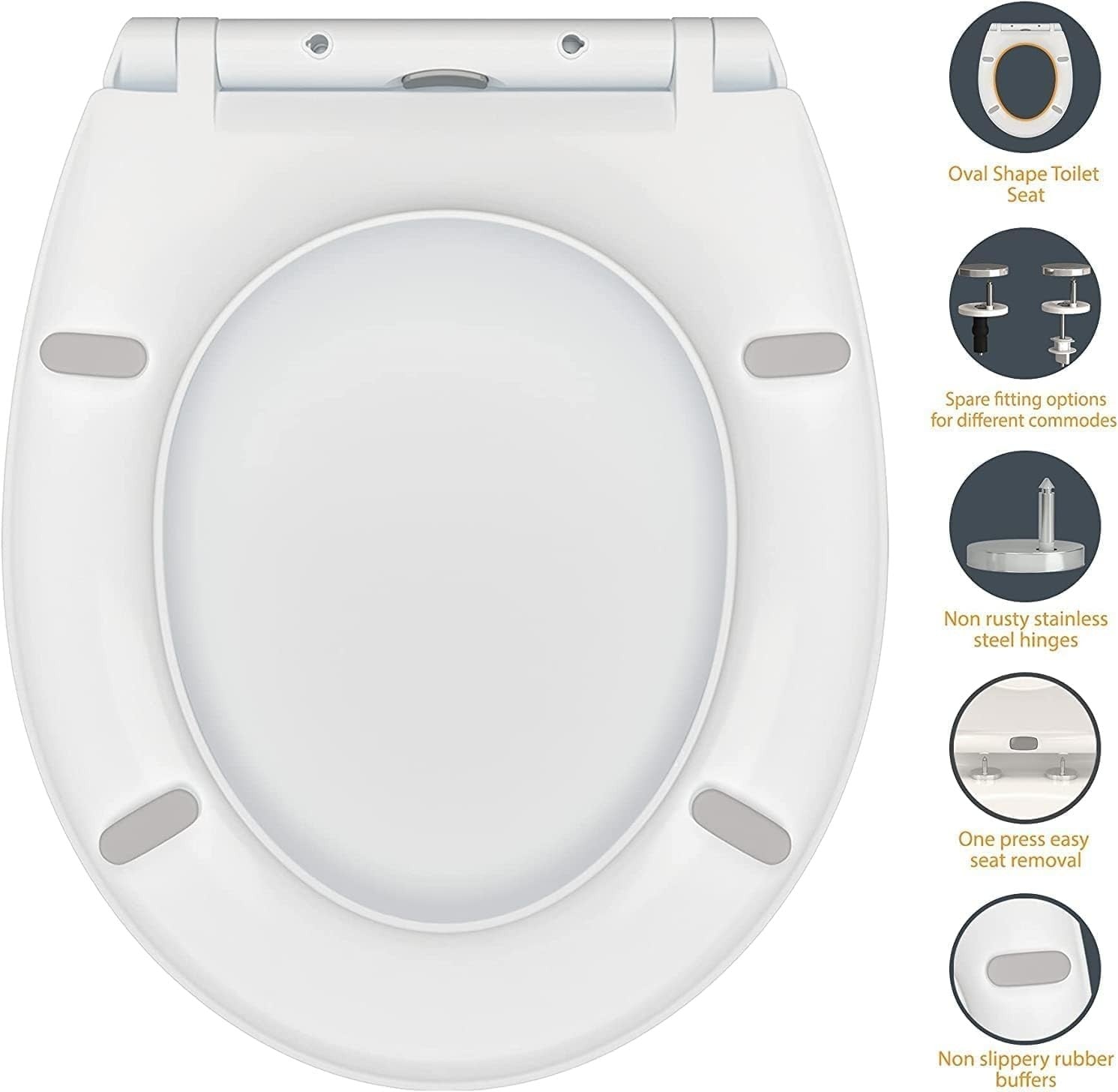 Oval Toilet Seat White Soft Close Quick Release PP Dual Fix Top & Bottom