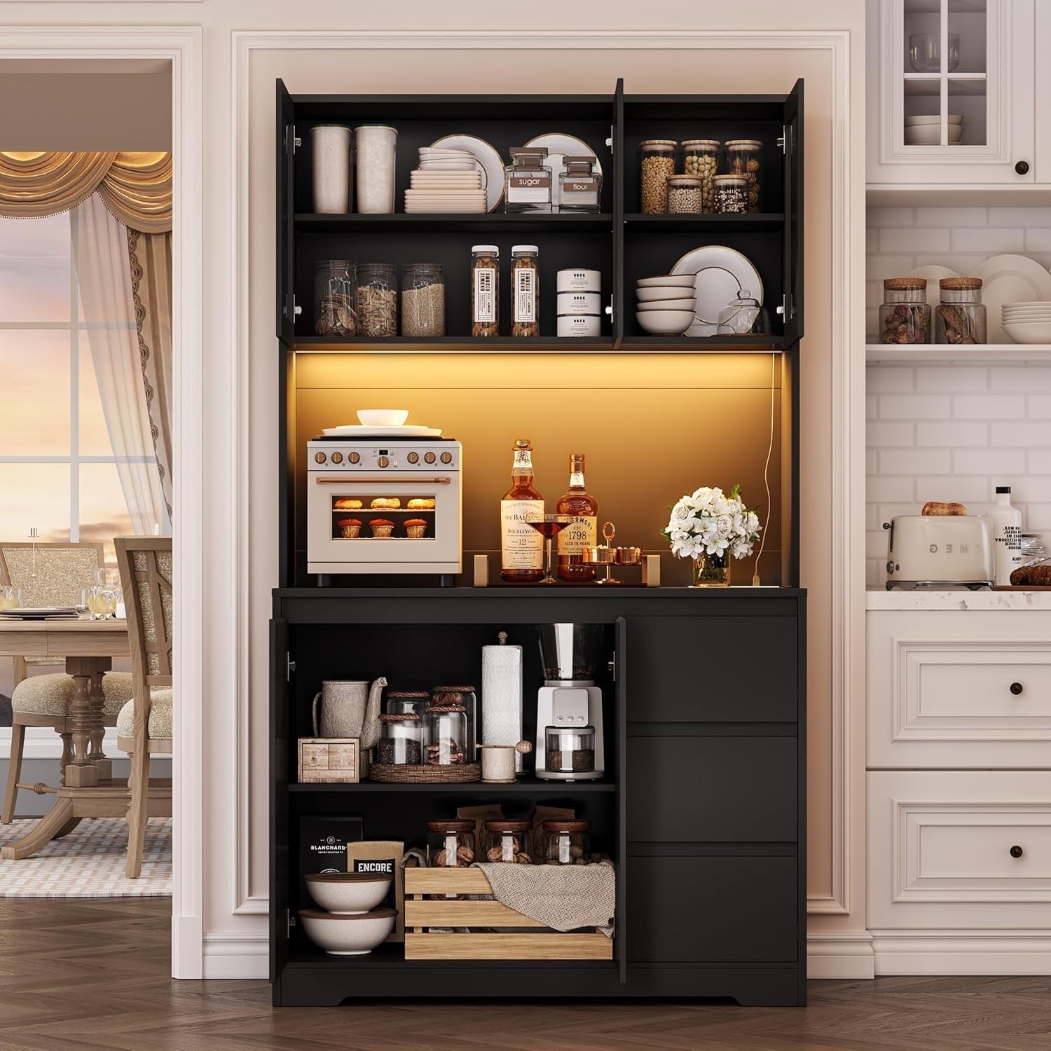 Black Tall Kitchen Cupboard with LED, Sockets, Drawers & Shelves