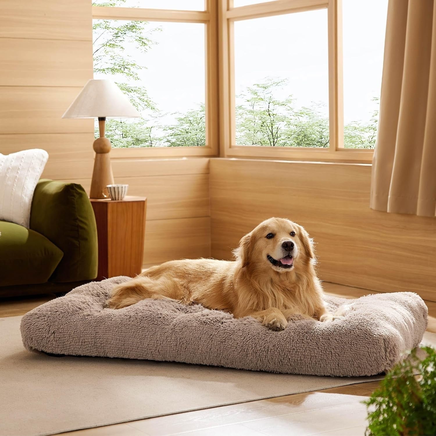 XXL Fluffy Dog Crate Bed Washable Anti Slip Warm Cushion 119x74cm Camel